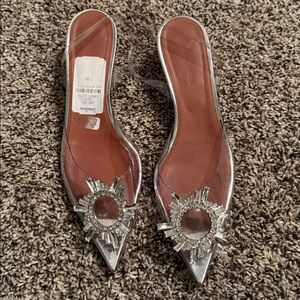 Amina Muaddi Silver Heels with Crystal Accents